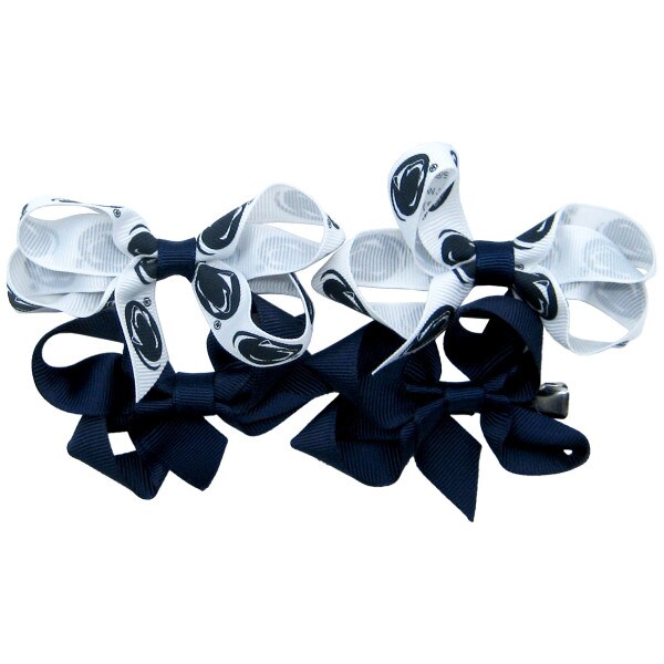 2 mini white ribbon bows with repeating Penn State Athletic Logos and 2 navy mini bows